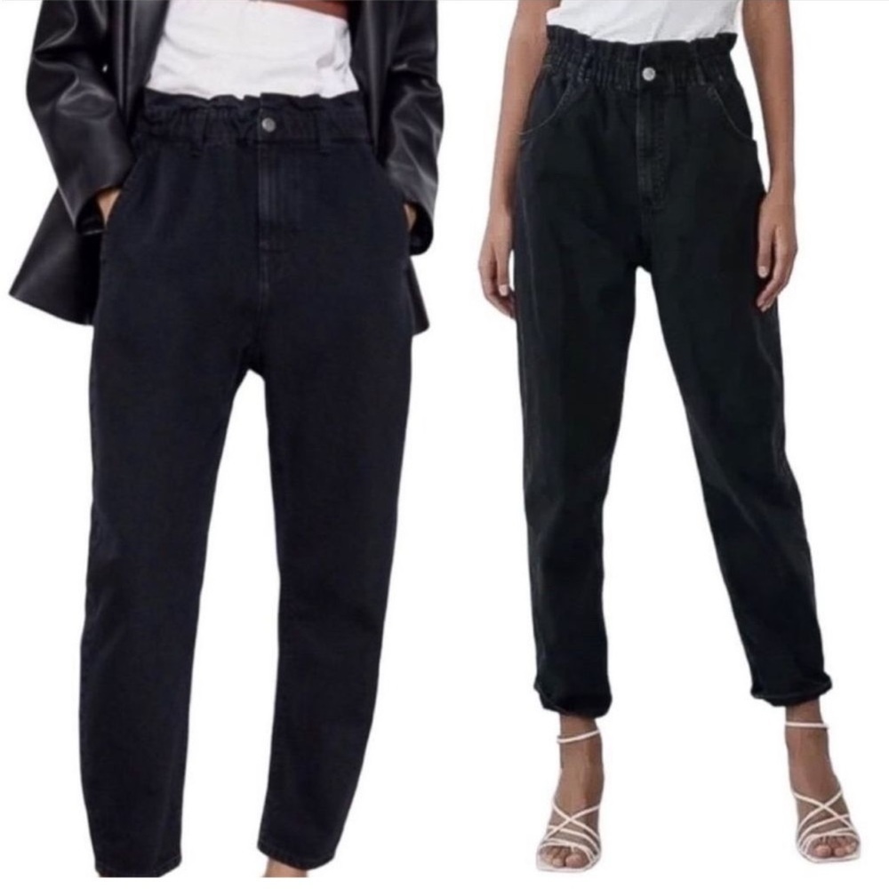 Zara Women’s Black Cotton Blend Paper Bag Waist Trousers‎ Office Business Casual